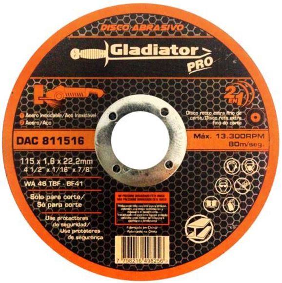 Imagen de Disco abrasivo de corte acero/acero inox 115 x 1,6 x 22,2mm Gladiator- Ynter Industrial