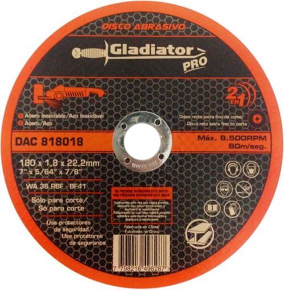 Imagen de Disco abrasivo de corte acero/acero inox 180 x 1,8 x 22,2mm Gladiator- Ynter Industrial