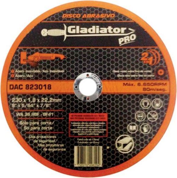 Imagen de Disco abrasivo de corte acero/acero inox 230 x 1,8 x 22,2mm Gladiator- Ynter Industrial
