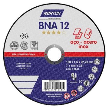 Imagen de Disco corte metal chato 180x1.6x22mm BNA 12 NORTON - Ynter Industrial