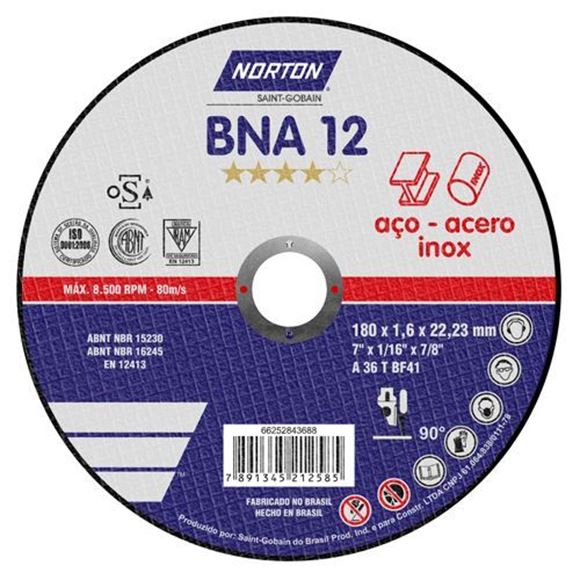 Imagen de Disco corte metal chato 180x1.6x22mm BNA 12 NORTON - Ynter Industrial