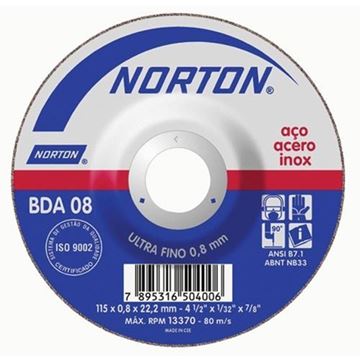 Imagen de Disco corte metal fino centro deprimido 115x1.0 mm BDA 08 NORTON - Ynter Industrial