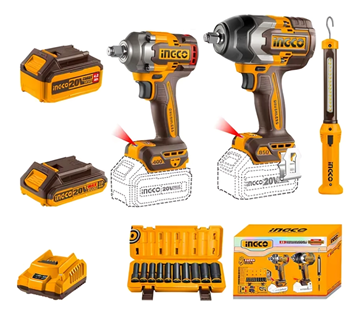 Imagen de Kit Llaves De Impacto Ingco 20V + Linterna + Jgo Dados  - Ynter Industrial