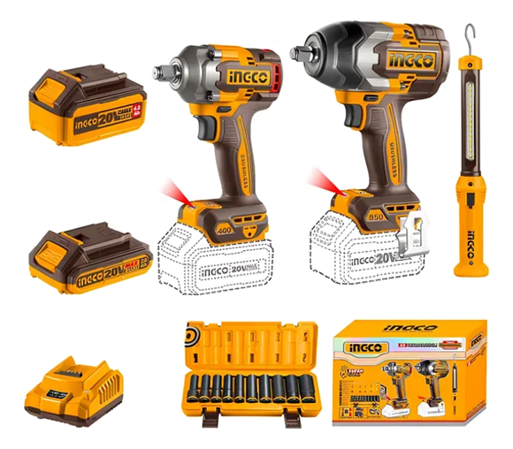 Imagen de Kit Llaves De Impacto Ingco 20V + Linterna + Jgo Dados  - Ynter Industrial