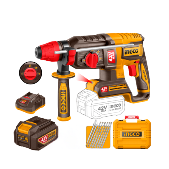 Imagen de Rotomartillo 2.5 J C/2 Bat 2Ah 42V Ingco Brushless - Ynter
