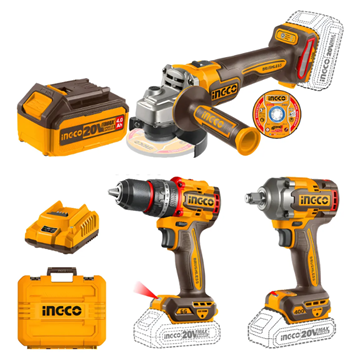 Imagen de Kit Amoladora, Taladro, Llave de Impacto C/2 Bat 4Ah Ingco