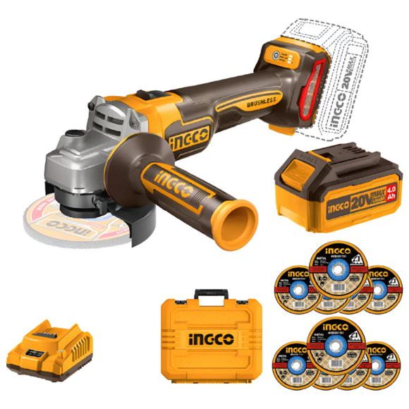 Imagen de Amoladora 4 1/2" C/Bat 4Ah + Maletin Ingco 20V Brushless - Ynter