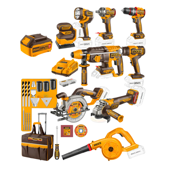 Imagen de Kit Industrial 9 Pzas C/2 Bat 4Ah Cargador y Accesorios Ingco