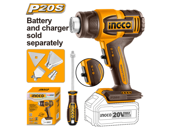 Imagen de Pistola de Calor 20V 550ºC C/Accesorios Ingco S/bat - Ynter