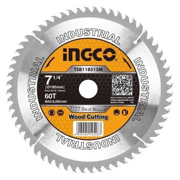 Imagen de Hoja disco de sierra p/madera 7 1/4" 60 dientes  b/ 20mm c red a 16mm Ingco - Ynter Industrial