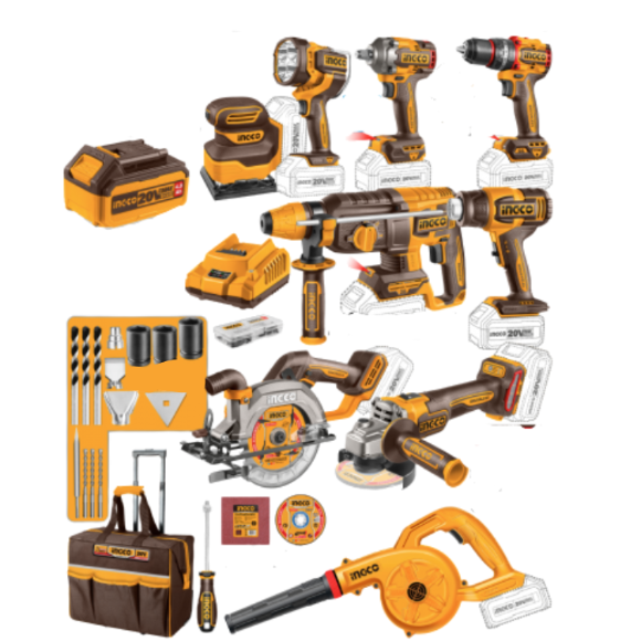 Imagen de Kit 9 Herramientas 20V Brushless+2Bat 4Ah + Accesorios Ingco