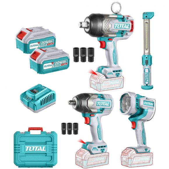 Imagen de Kit 2 Llaves D/Impacto+ Foco+ Linterna 20v Total C/2 Bat 5Ah