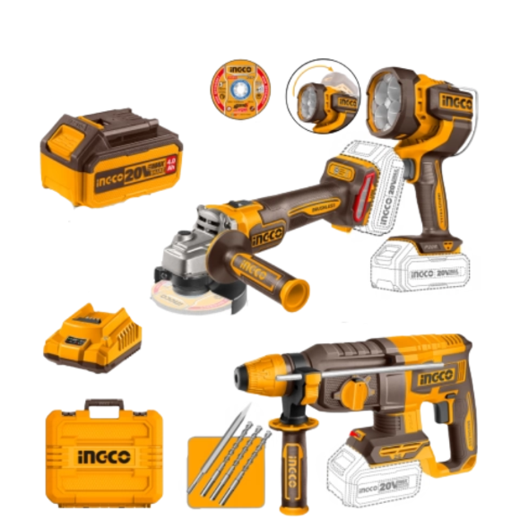 Imagen de Kit Rotomartillo + Amoladora + Linterna C/2 Bat 4 Ah Ingco - Ynter