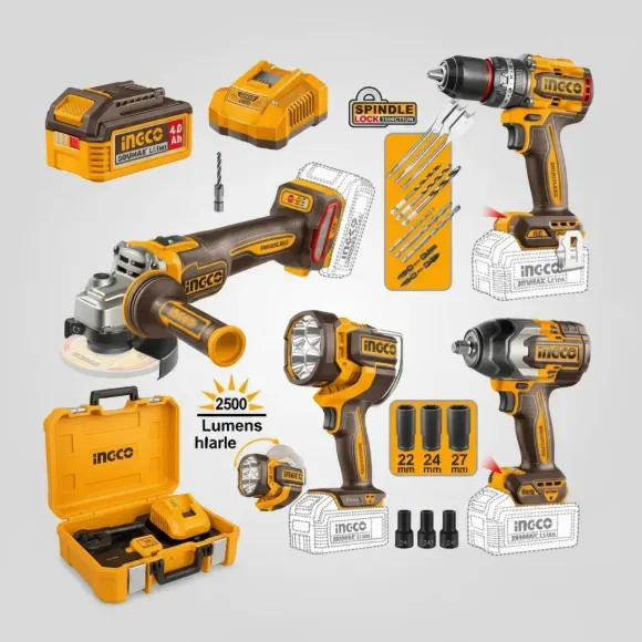 Imagen de Kit Combo A Batería P20S 4 EN 1 Con 2 Baterías 4.0AH + Cargador + Accesorios + Valija Ingco - Ynter Industrial